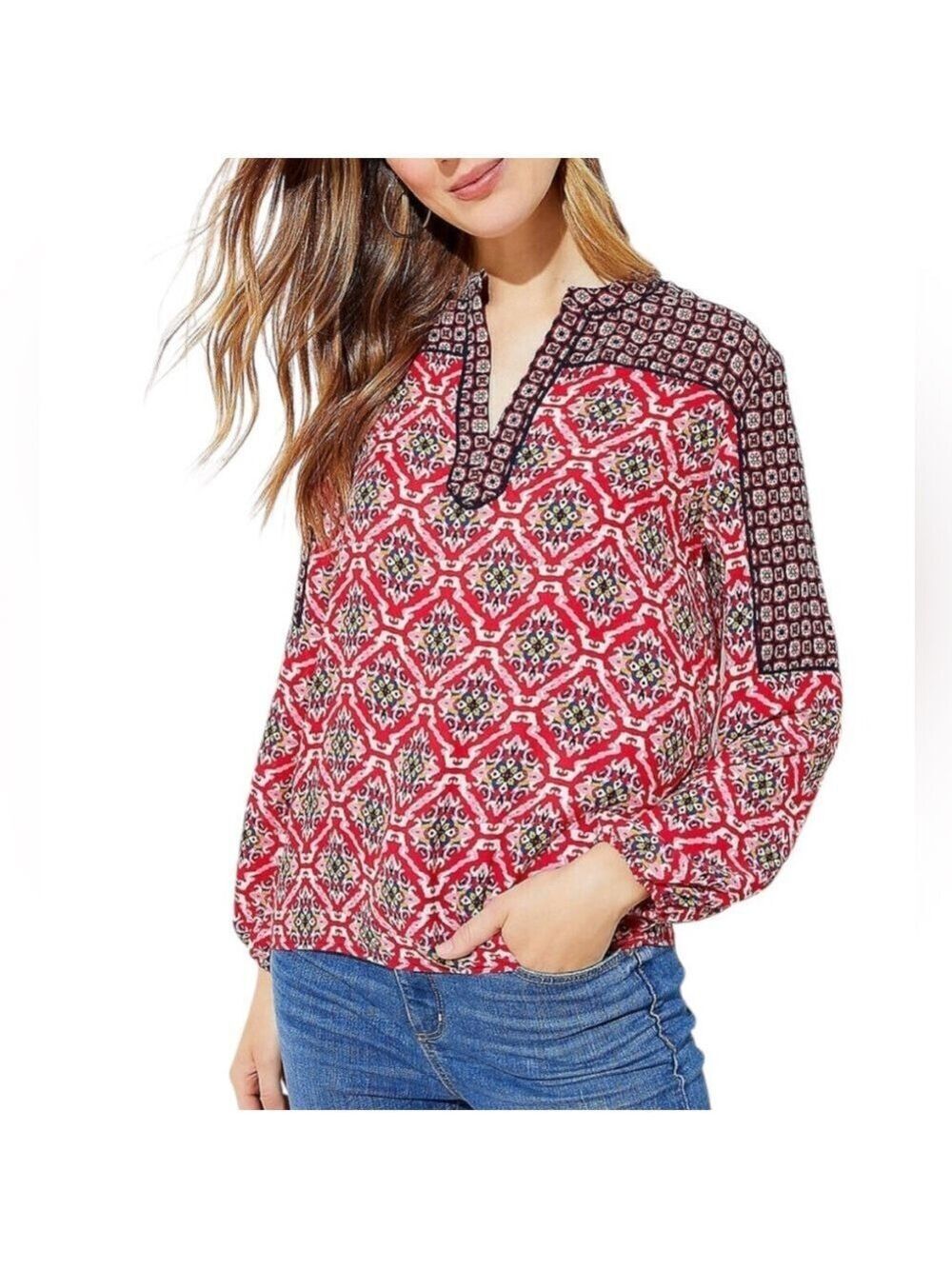 LOFT Mixed Mosaic Blouse Split Neck Long Sleeve Red and Navy Print Size S